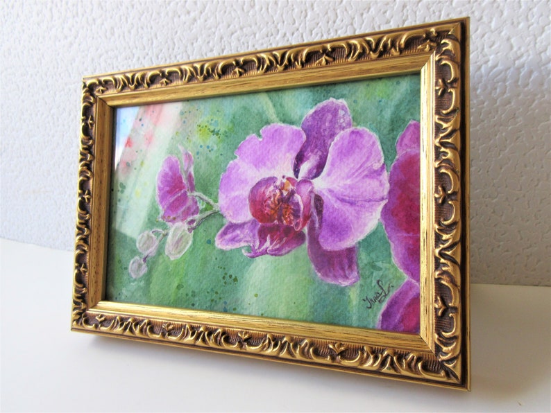 Orchid flower watercolor miniature painting original / Baroque framed painting original / Gift for her / Boho Wall Decor afbeelding 3