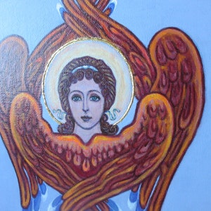 Angel Six Wings Original Painting on canvas / Orthodox Catholic guardian angel icon on canvas / Angel Seraph / Healing Art afbeelding 2