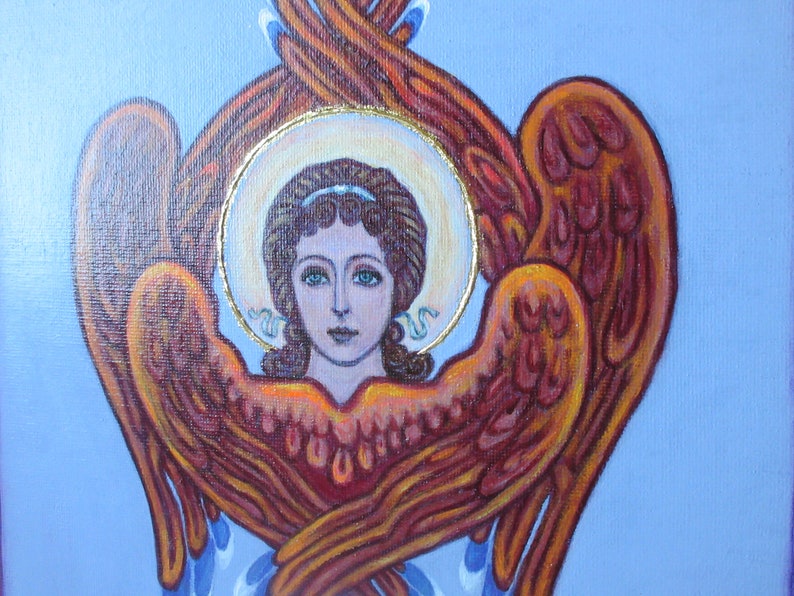 Angel Six Wings Original Painting on canvas / Orthodox Catholic guardian angel icon on canvas / Angel Seraph / Healing Art afbeelding 2