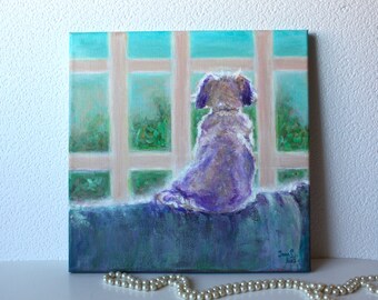 Dog painting original on canvas 12 x 12 / dog puppy painting original artwork on canvas / Waiting for You