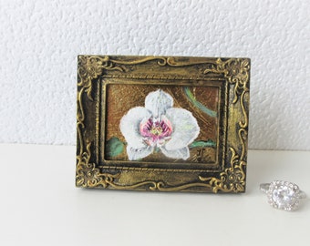 Orchid Flower gold leaf miniature painting / tiny original painting framed / Mini original gold leaf painting / Gift idea