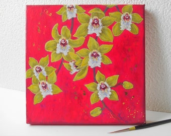 Orchids original painting on canvas / orchid flowers red gold leaf painting original / Boho wall art / Good Luck gift