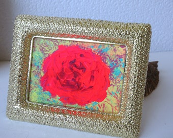 Red rose flower miniature original painting framed in Metal gold frame / tiny original panting / Floral Miniature art / Love gift