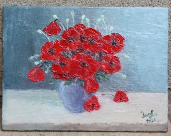 Poppy Bouquet original painting Oil on canvas board / Love Gift / Red poppy impressionist style Original art work