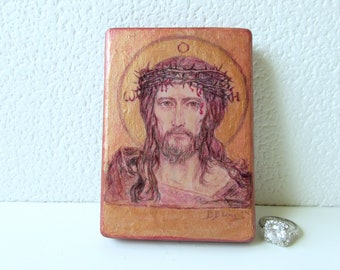 Jesus Christs Christian icon painting reproduction / Savior with the Crown of Thorns Orthodox Catholic Icon hand made on wood