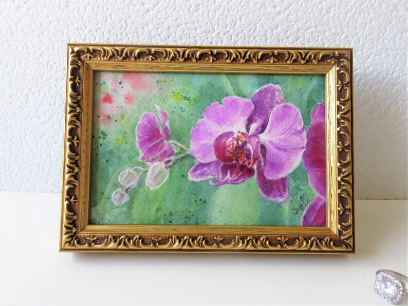 Orchid flower watercolor miniature painting original / Baroque framed painting original / Gift for her / Boho Wall Decor afbeelding 9