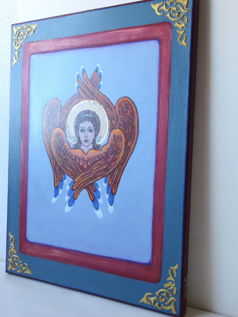 Angel Six Wings Original Painting on canvas / Orthodox Catholic guardian angel icon on canvas / Angel Seraph / Healing Art afbeelding 6