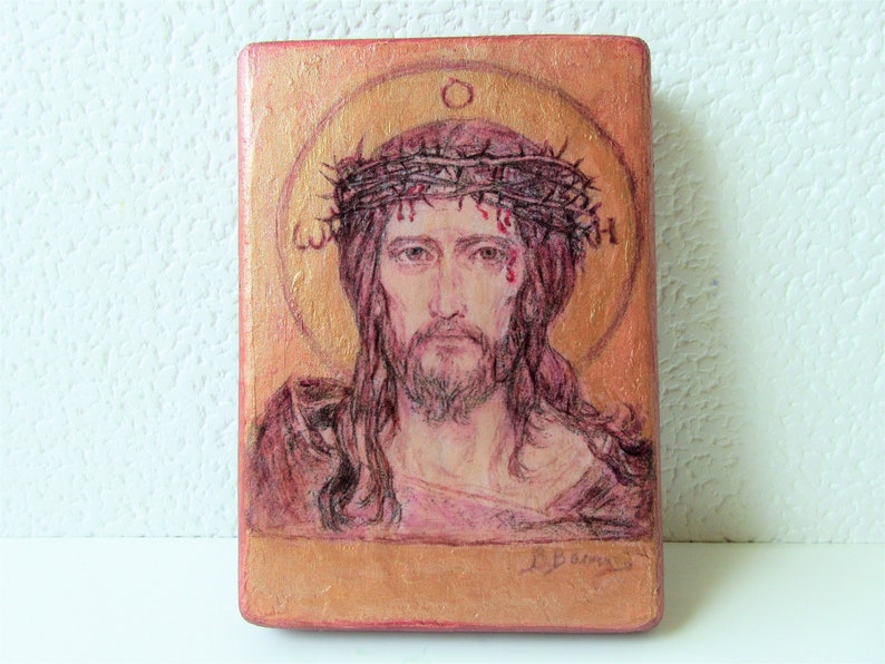 Jesus Christs Christian icon painting reproduction / Savior with the Crown of Thorns Orthodox Catholic Icon hand made on wood image 2