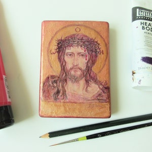 Jesus Christs Christian icon painting reproduction / Savior with the Crown of Thorns Orthodox Catholic Icon hand made on wood image 7