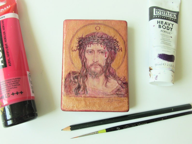 Jesus Christs Christian icon painting reproduction / Savior with the Crown of Thorns Orthodox Catholic Icon hand made on wood image 7