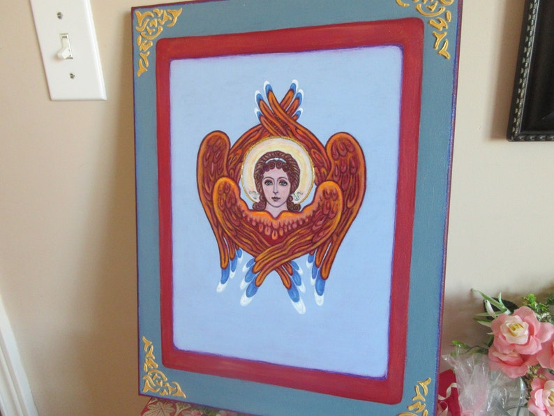 Angel Six Wings Original Painting on canvas / Orthodox Catholic guardian angel icon on canvas / Angel Seraph / Healing Art afbeelding 4