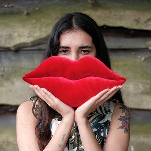 Mini Shaped Hot Lips-Pillow / Cushion. Home Decor. Red Velvet. Black, pink. Prop. Decorative and Playful image 1