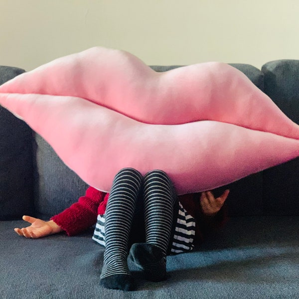 Huge Shaped Handmade Hot Lips Pillow / Cushion. Home Decor. Pink - Rose Quartz Velvet Velour. Premium Quality Floor Cushion