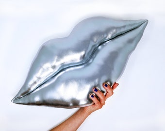 Big handmade shaped hot lips luxurious  pillow / cushion in shine silver lycra. Home decor.