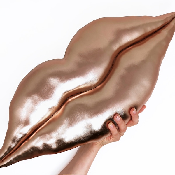 Big Handmade Shaped Hot Lips Luxurious Cushion in Shine Wet Look Copper/Rose Gold. Home decor. Decorative, Throw pillow. Foil Stretch Lycra