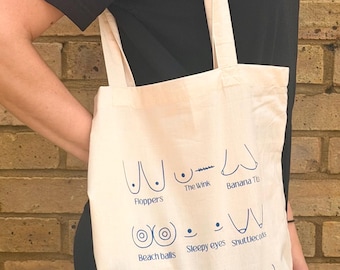 100% Organic Cotton Tote Bag with Boobs in Blue Print. Cool and Feminist Themed Eco Bag. Soft Light Fabric. Titties descriptions
