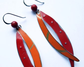 Red and orange recycled metal feather earrings