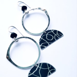 Silver and black mod hoop earrings image 1