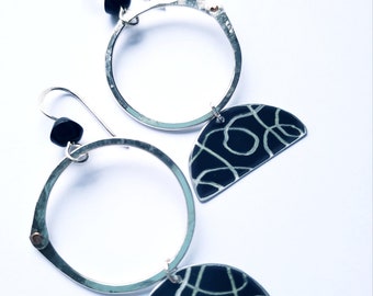 Silver and black mod hoop earrings