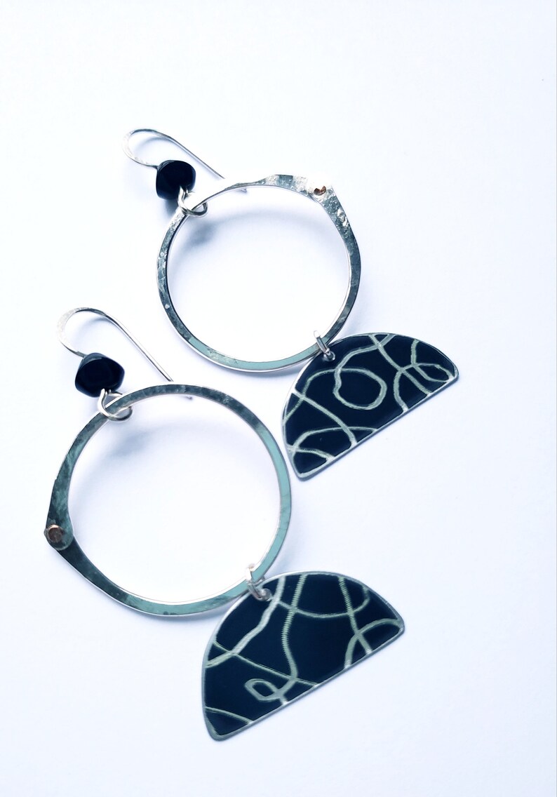 Silver and black mod hoop earrings image 1