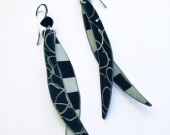 Black & white recycled metal feather earrings