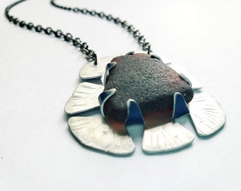 Brown Beach glass and recycled metal pendant