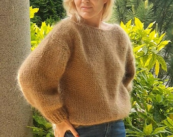 Handknit Fluffy Mohair Sweater: Loose Fit Camel Pullover