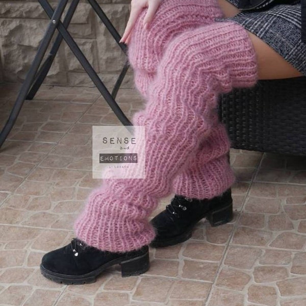 Jambières longues roses en mohair, jambières énormes, jambières épaisses, poignets de botte en mohair, jambières moelleuses, hauts de botte tricotés