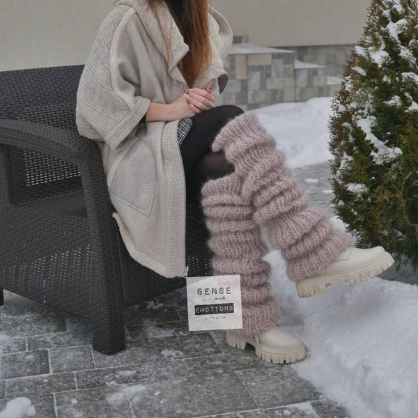 Long Mohair Legwarmers, Light Beige Huge legwarmers, Chunky Legwarmers, Mohair Boot Cuffs, Fluffy Legwarmers, Knitted Boot Toppers