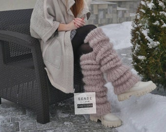 Long Mohair Legwarmers, Light Beige Huge legwarmers, Chunky Legwarmers, Mohair Boot Cuffs, Fluffy Legwarmers, Knitted Boot Toppers