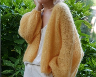 Mohair Cropped Cardigan: Yellow Oversized Balloon Sleeve Knit Sweater