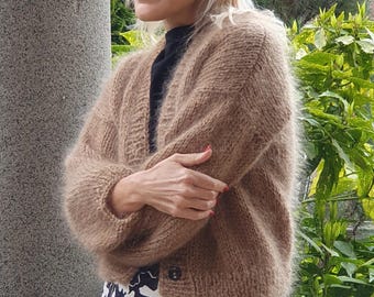 Cropped Camel Mohair Cardigan: Fuzzy Knit Button Sweater