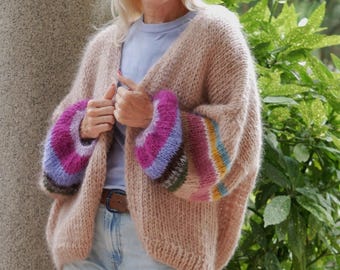Hand Knit Mohair Cardigan, Chunky Oversized Cardigan, Colourful Sleeve Sweater, Open Front Cozy Cardigan, Boho Knit Jacket