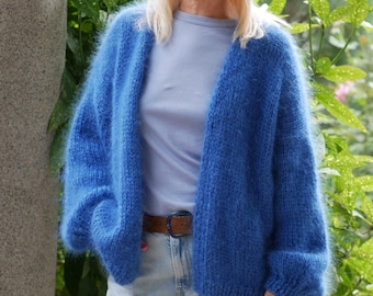 Hand Knit Blue Mohair Cardigan, Oversized Fluffy Sweater, Open Front Chunky Knit Cardigan, Cozy Gift for Her