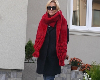 Oversized scarf Luxurious extra long hand knitted scarf Shoulder wrap Neck warmer puff pom pom scarf Red Extra long scarf  Christmas gift