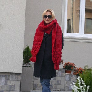 Oversized scarf Luxurious extra long hand knitted scarf Shoulder wrap Neck warmer puff pom pom scarf Red Extra long scarf Christmas gift image 1