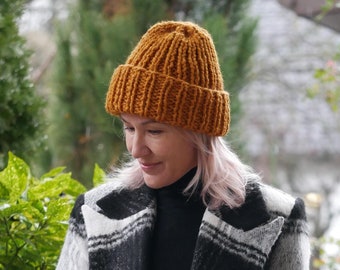 Handmade Chunky Knit Beanie: Mustard Wool Blend Slouchy Hat