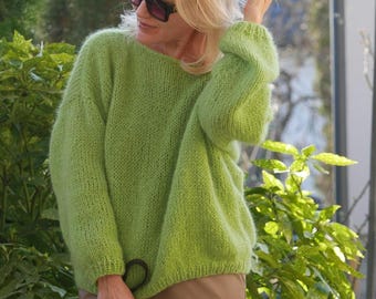 Lawn Green Mohair Sweater: Fuzzy Knit Oversized Sweater