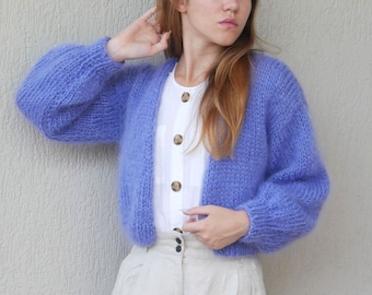 Cropped Fluffy Blue Mohair Cardigan, Wedding Open Front Cardigan, XXL Loose Knit Sweater, Sweaters for women, Women Cover Up