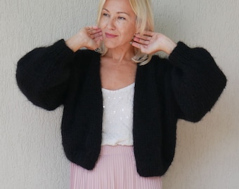 Black Mohair Bomber Cardigan,  Open Front Cardigan, Loose Knit Sweater, Sweaters for women, Cape for women, Oversized Cardigan