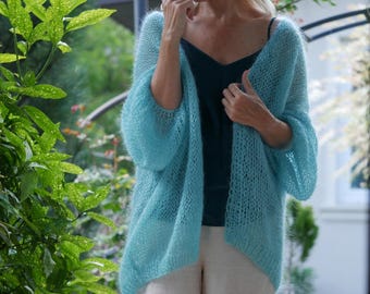 Hand Knit Mint Mohair Cadigan, Oversized Fluffy Seafoam Cardigan, Lightweight Open Front Sweater, Airy Knit Cardigan, Soft Cozy Knitwear