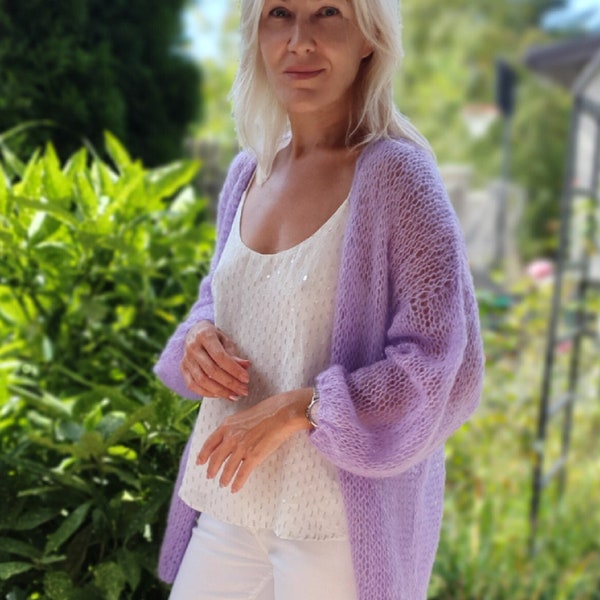 Purple Summer Cardigan Lilac mohair cardigan Loose fit cover Light cardigan Sweaters for women Plus size