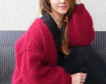 Flauschige Strickjacke Mohair Weinrote Strickjacke, Lange Handgestrickte Strickjacke, Fuzzy Damen Pullover, Wickelwolle Strickjacke Sexy Lockige Strickjacke