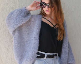 Cardigan Cropped Gray Blue Oversized Cardigan Baloon Sleeves Mohair Wedding Open Front Loose Knit Sweaters For Women Cape Bridal Grey