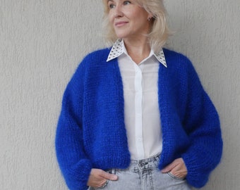 Electric blue cardigan Fluffy Mohair Bomber, Open Front Cardigan, XXL Loose Knit Sweater, Sweaters for women, Cape for women