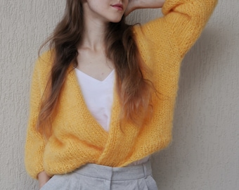 Hand Knit Mohair Cropped Cardigan: Yellow Bomber Sweater