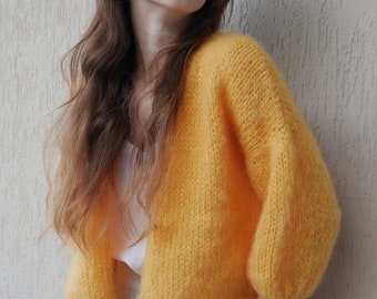 Cropped cardigan, Yellow Cardigan, 3/4 Sleeves, Fluffy Mohair Bomber, Open Front Cardigan, Loose Knit Sweater, Sweaters for women