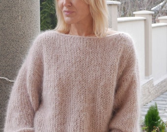 Fluffy  Mohair Sweater, Light Beige Sweater, Loose Fit sweater, Sweater For Women, Hand Knit Sweater, Oversized Sweater, Plus Size Sweater