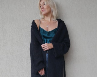 Handgebreid mohairvest voor kinderen: zwart oversized lang vest (S-M)