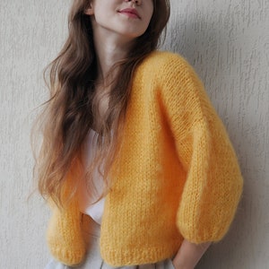 Cropped cardigan, Yellow Cardigan, 3/4 Sleeves, Fluffy Mohair Bomber, Open Front Cardigan, Loose Knit Sweater, Sweaters for women